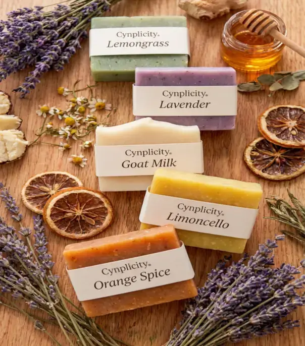 A collection of Cynplicity handmade soap bars—Lemongrass, Lavender, Goat Milk, Limoncello, and Orange Spice—arranged on a wooden board with dried botanical ingredients.